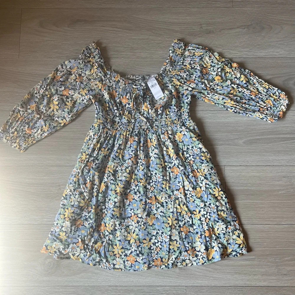 American Eagle Outfitters Mini Dress Women’s Floral Puff Sleeve Off Shoulder Sma - Picture 5 of 15